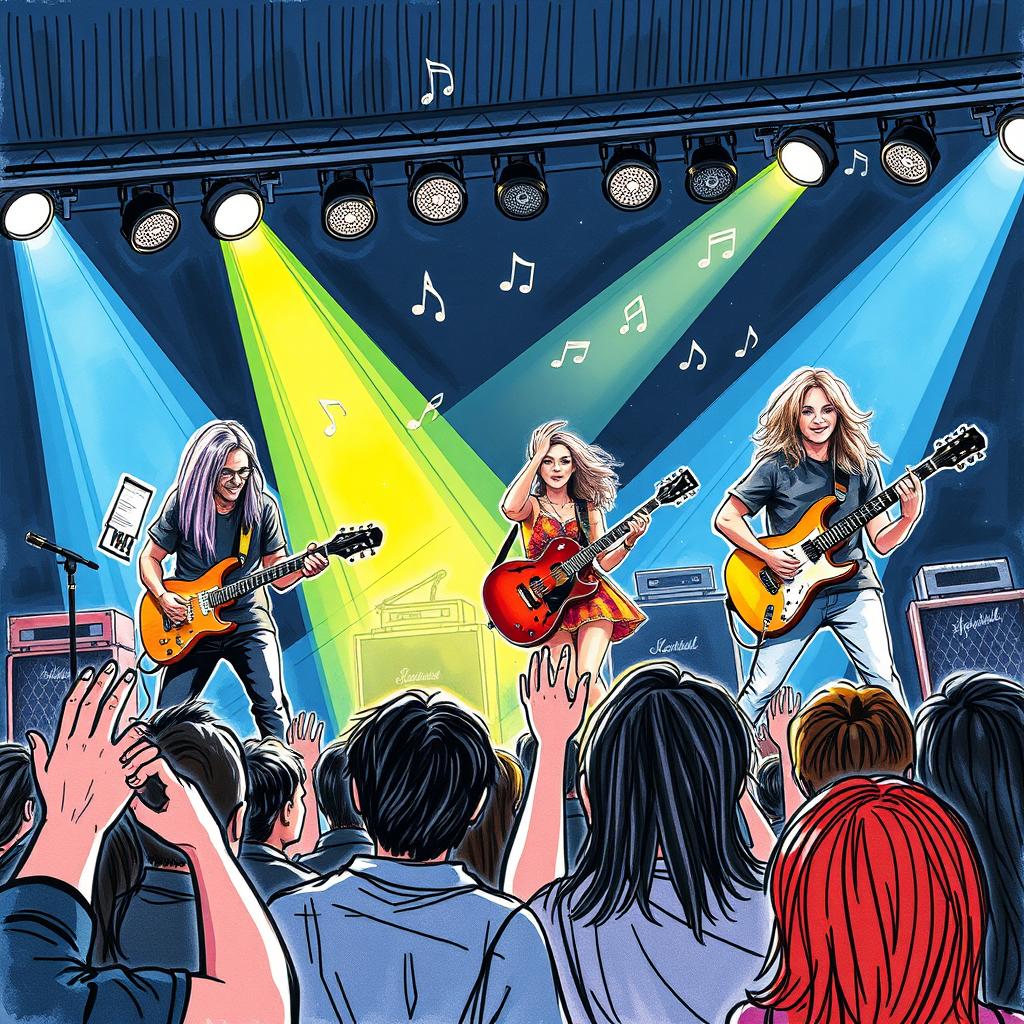 An artistic drawing capturing a lively guitarists' concert, filled with passion and energy