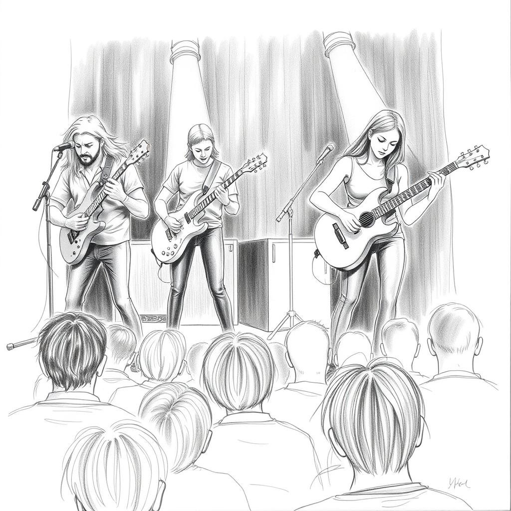 A black and white pencil drawing of a guitarists' concert, showcasing the intensity and emotion of live music performance