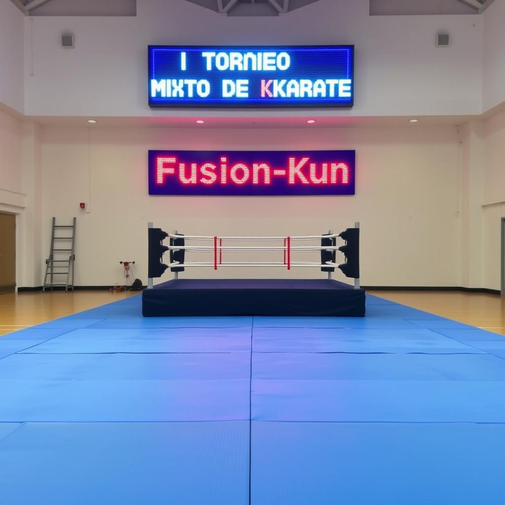 A pristine blue tatami mat in an empty gym, featuring a boxing ring in the center