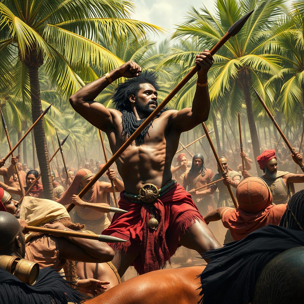 A dramatic scene capturing a strong black warrior thrusting a spear into the belly of Musaylima, delivering a fatal blow