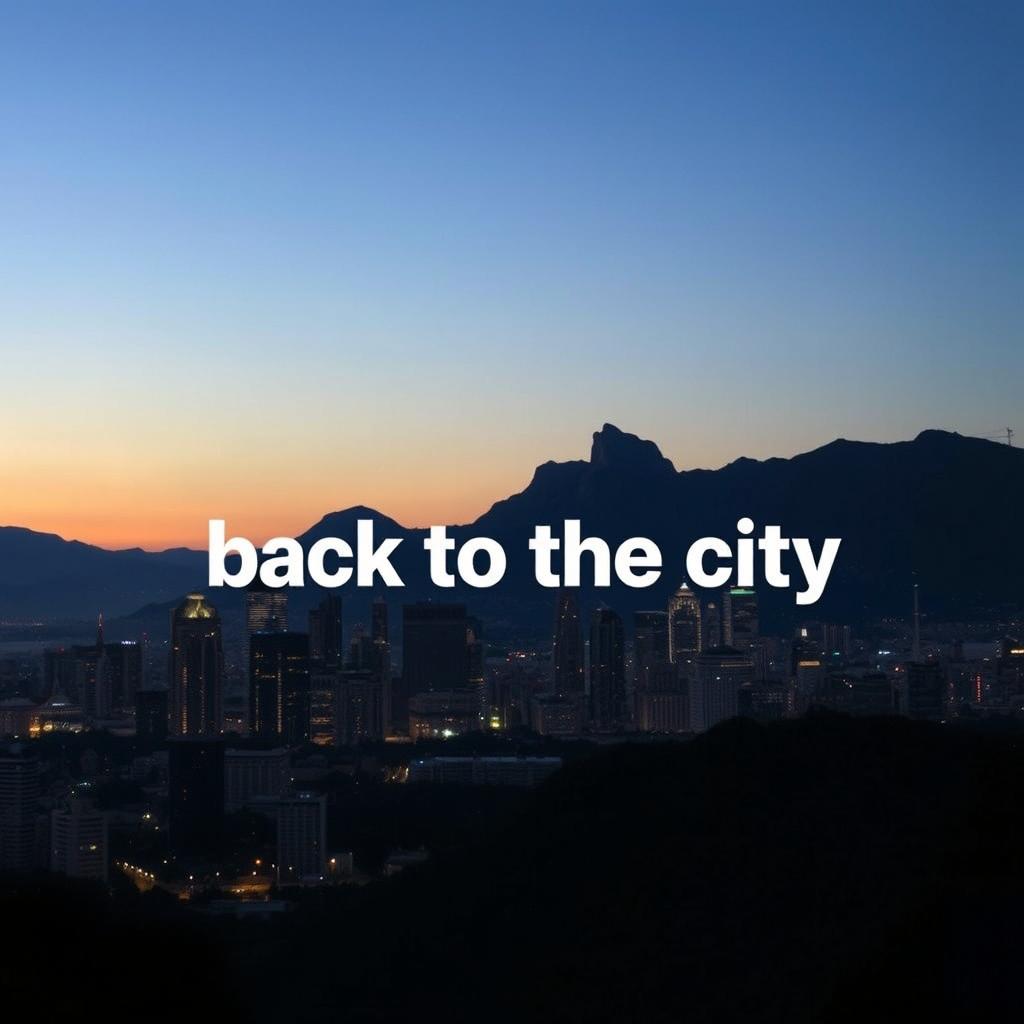 A scenic city landscape at dusk with towering mountains in the background, the skyline of the city glowing with lights
