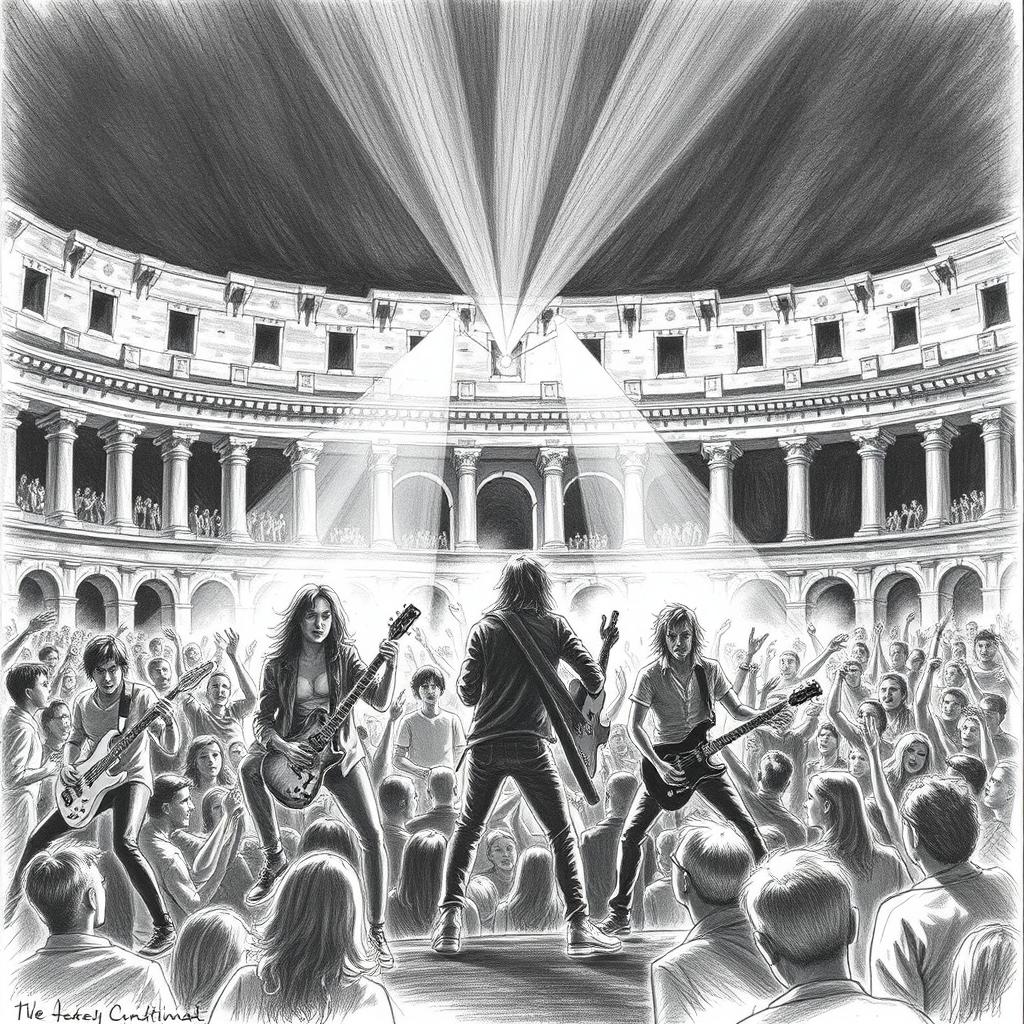 A black and white pencil drawing of a concert featuring guitarists in the ancient Colosseum
