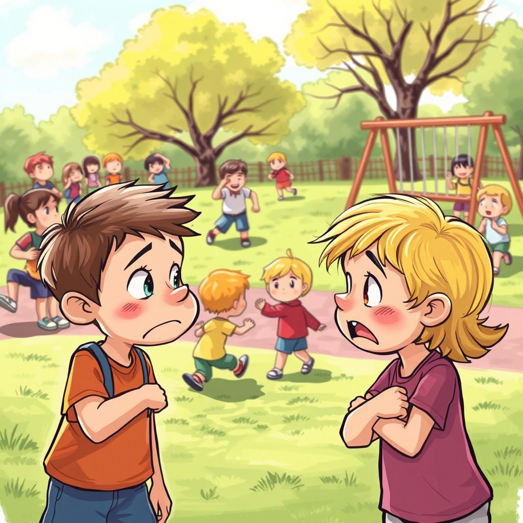An illustration depicting a playground scene where a group of children is engaged in various activities