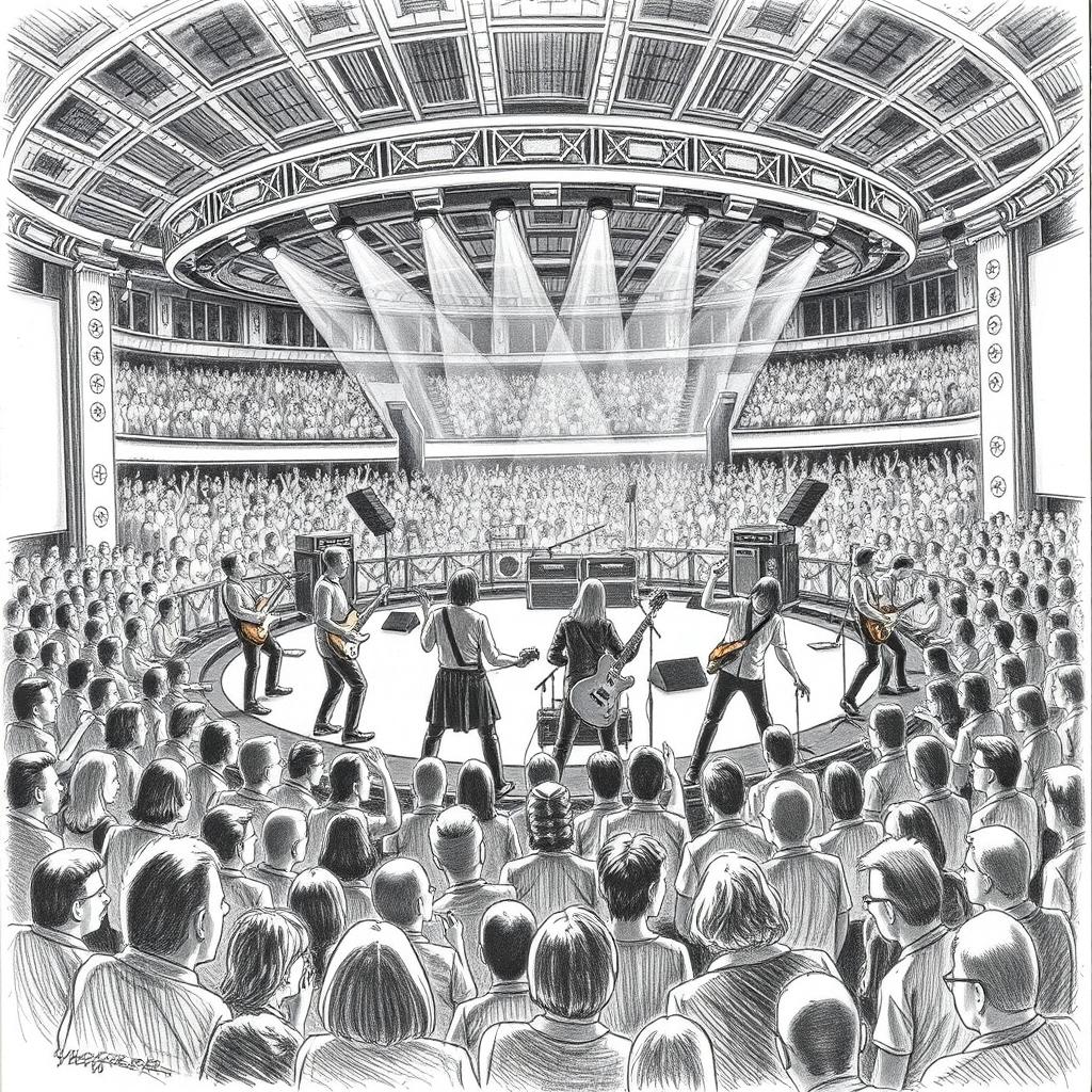 A concert of guitarists performing on a circular stage in an arena, captured in a detailed black and white pencil drawing