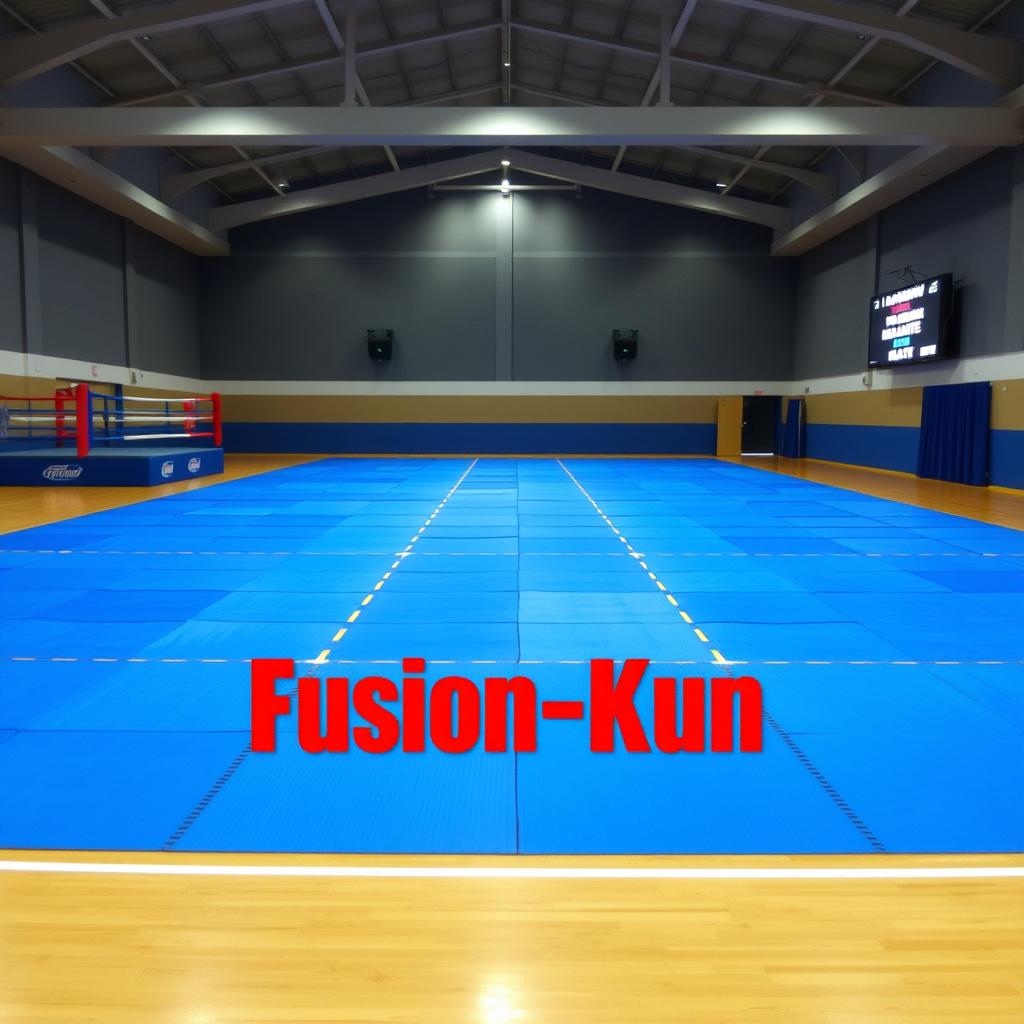 A spacious, empty gym with blue tatami mats arranged diagonally across the floor