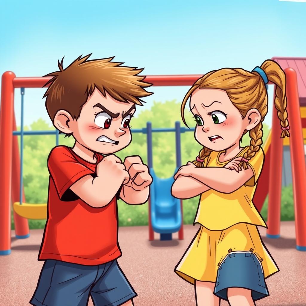 An illustration depicting a tense scene between two children having a confrontation on a playground