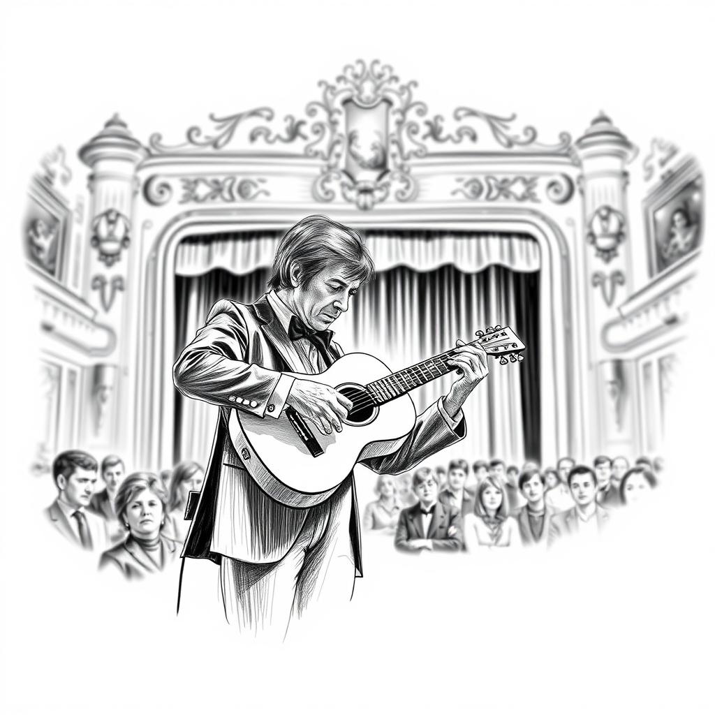 A monochrome sketch of a classical guitar player performing on stage in a theater
