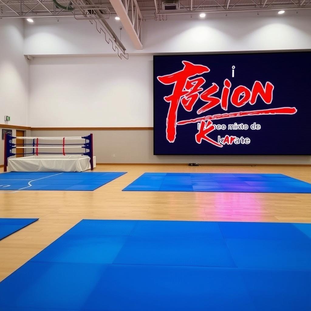 A spacious and empty gymnasium featuring blue tatami mats on the floor
