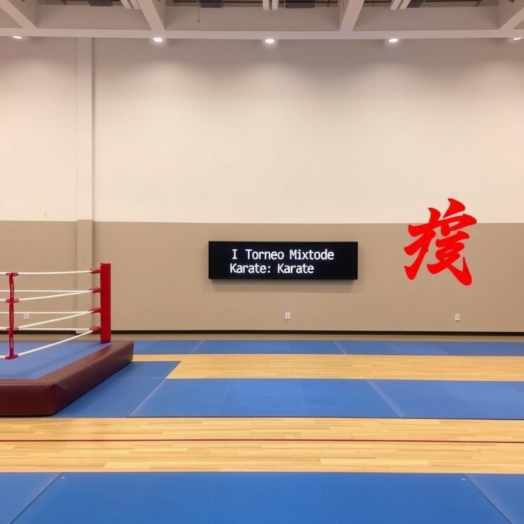 A spacious, empty gym featuring a boxing ring on the left side