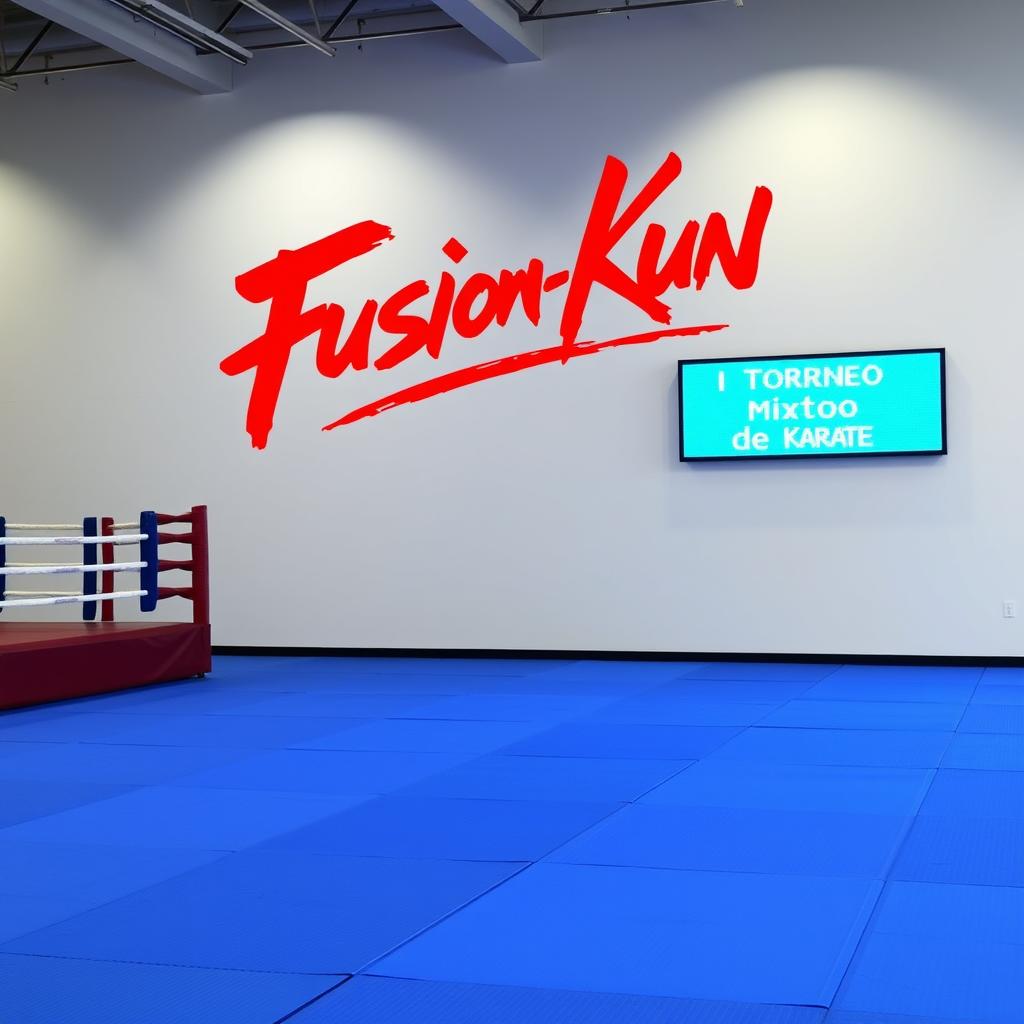 A spacious, empty gym interior featuring a boxing ring on the left side