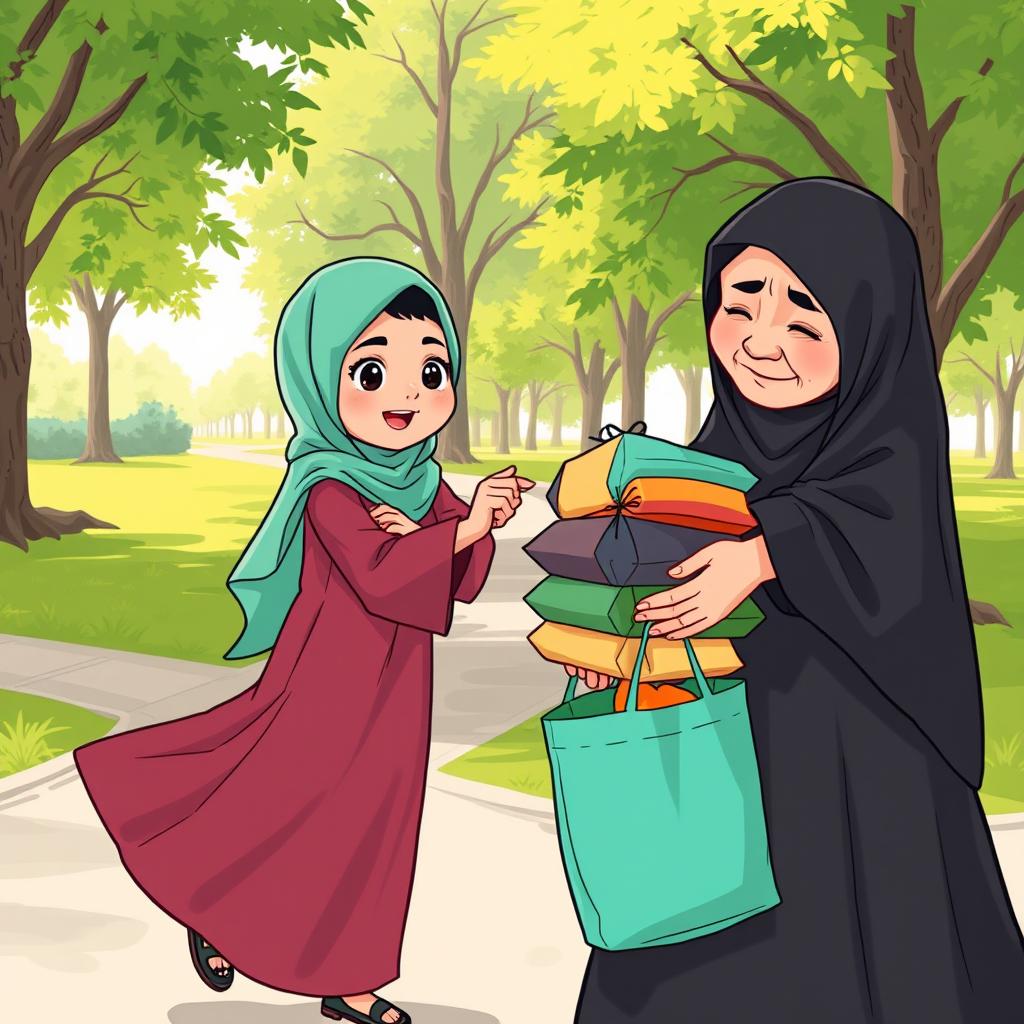 An illustrated scene showcasing a young Muslim girl wearing a vibrant turquoise hijab and a long, flowing dress, assisting an elderly Muslim woman in a black hijab who is struggling to carry a stack of colorful grocery bags