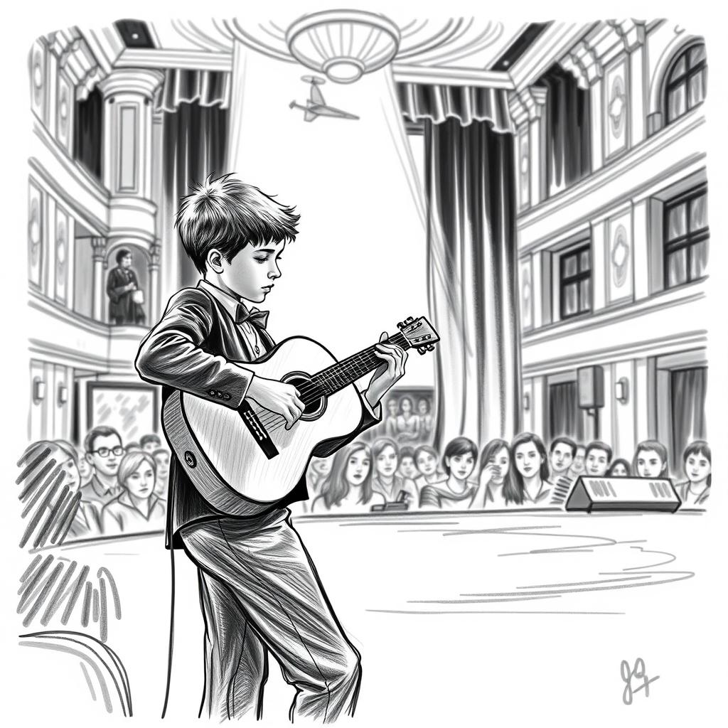 A monochrome sketch of a young classical guitar player performing on stage in a theater