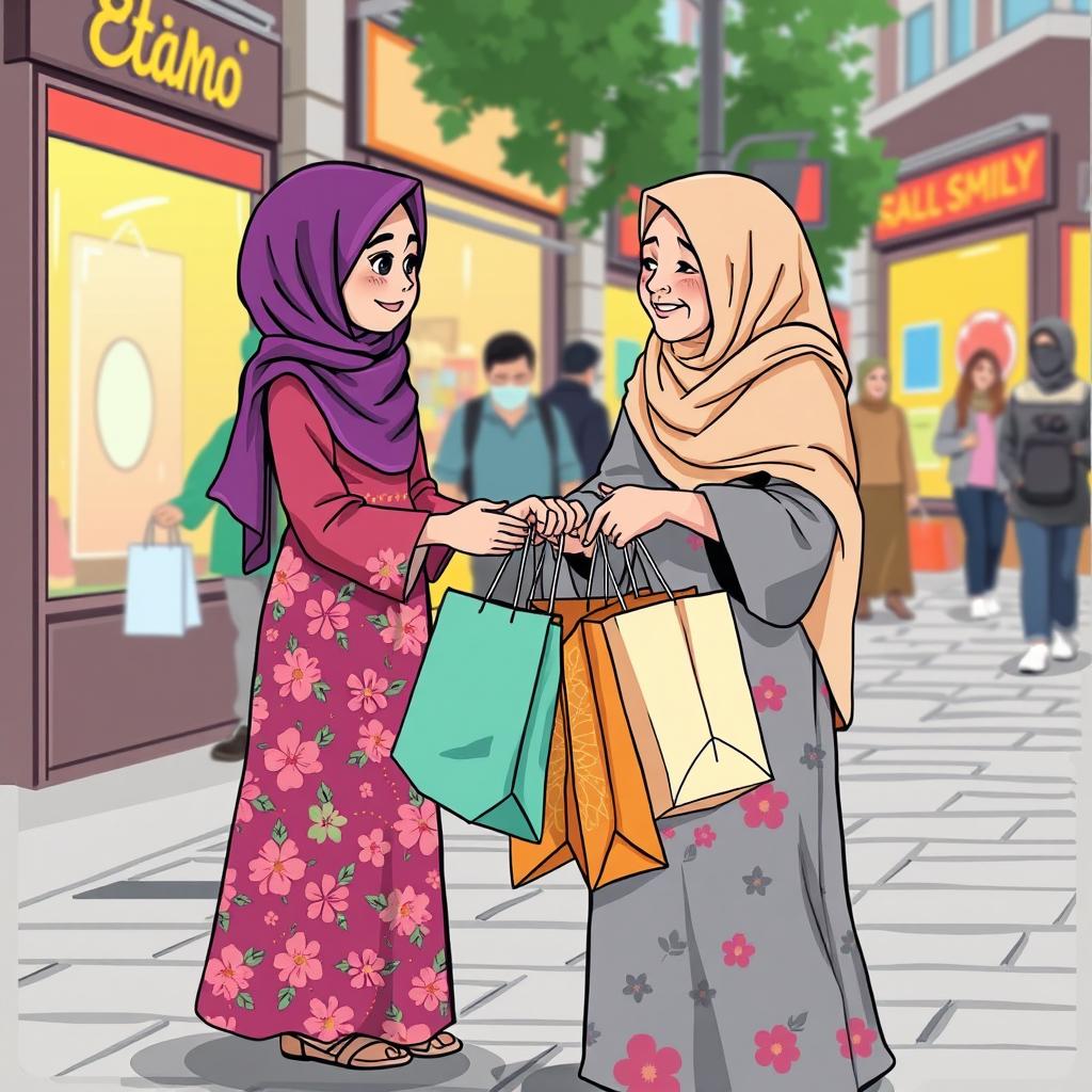 An illustrated scene featuring a young Muslim girl wearing a bright purple hijab and a floral maxi dress, graciously helping an elderly Muslim woman in a beige hijab who is struggling with a variety of colorful shopping bags