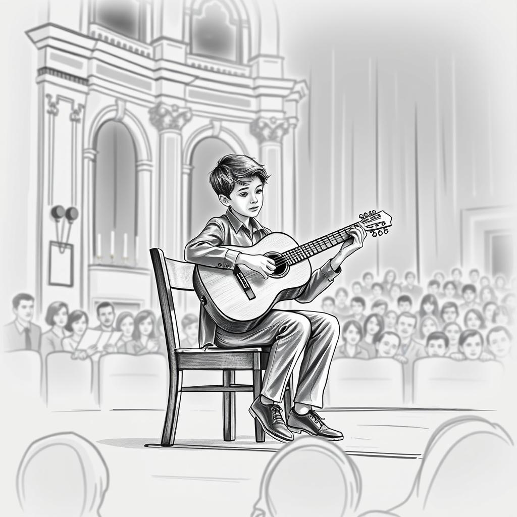 A monochrome sketch of a fourteen-year-old classical guitar player performing on stage in a theater