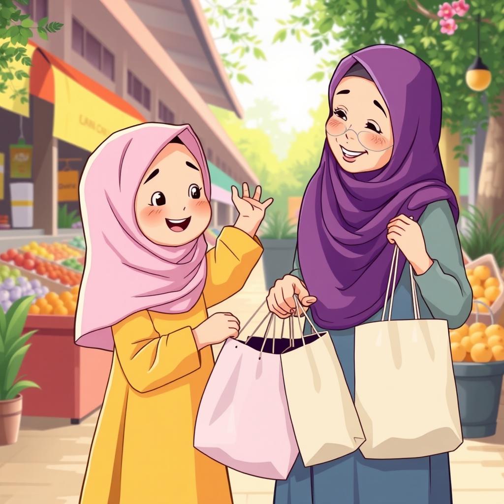 An illustrated scene portraying a heartwarming moment where a 5-year-old Muslim girl in a light pink hijab and a vibrant yellow dress is helping an elderly Muslim woman in a purple hijab carry a few heavy shopping bags
