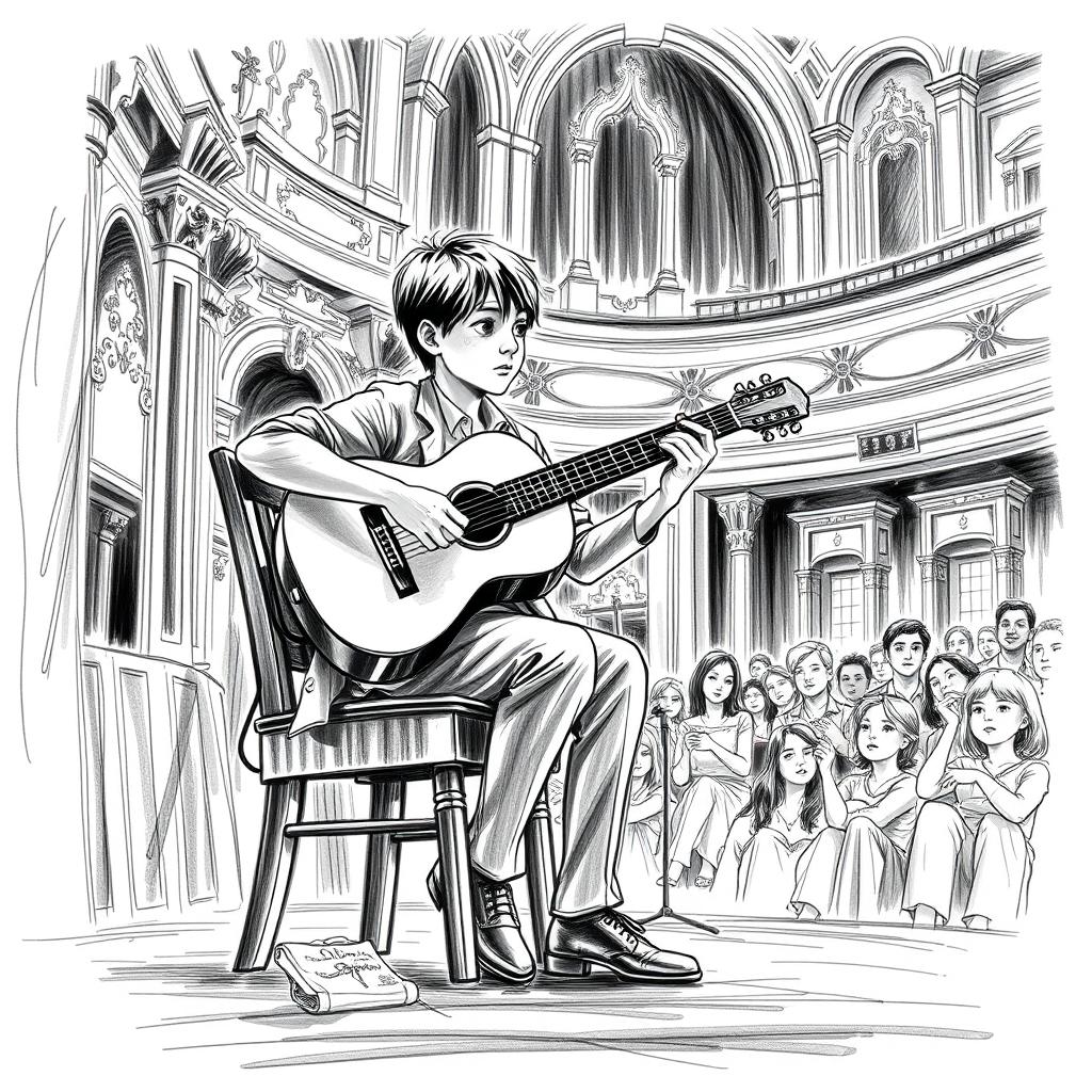 A monochrome sketch of a fourteen-year-old classical guitar player performing on stage in a theater