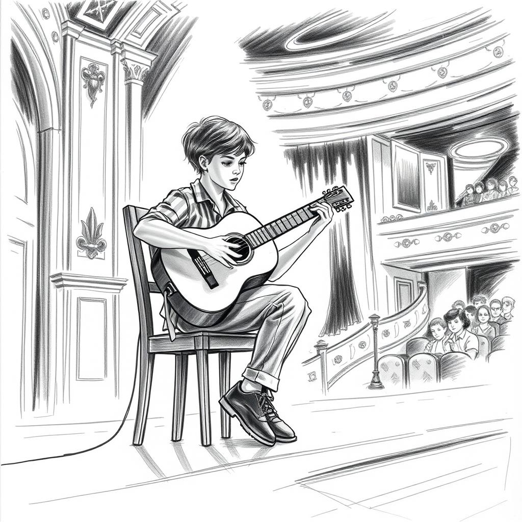 A monochrome sketch of a fourteen-year-old classical guitar player performing on stage in a theater