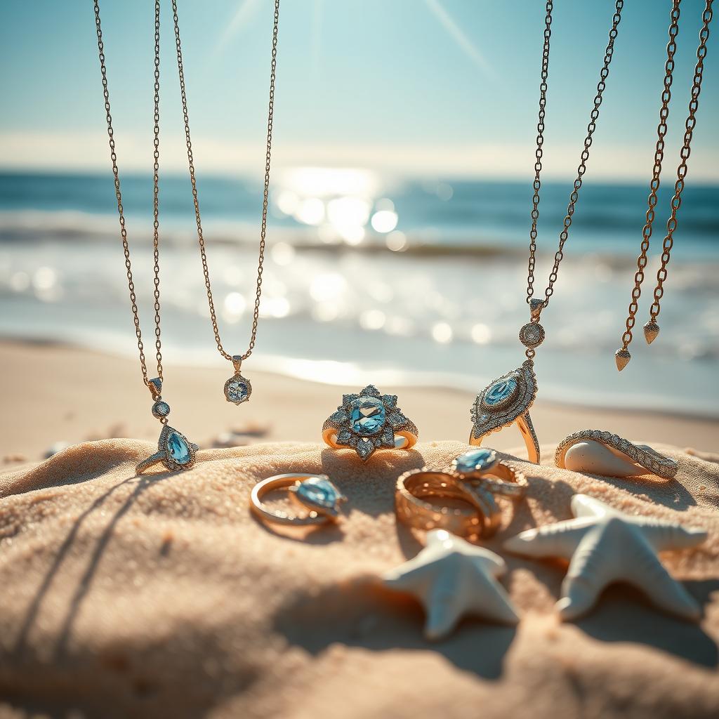A stunning scene showcasing luxurious jewelry displayed on a beautiful beach setting