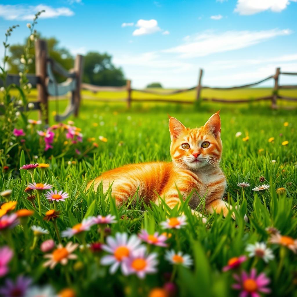 A cute orange tabby cat lounging in a vibrant green farm field, surrounded by colorful wildflowers and a rustic wooden fence in the background, with a clear blue sky above and soft sunlight illuminating the scene, conveying a peaceful countryside atmosphere