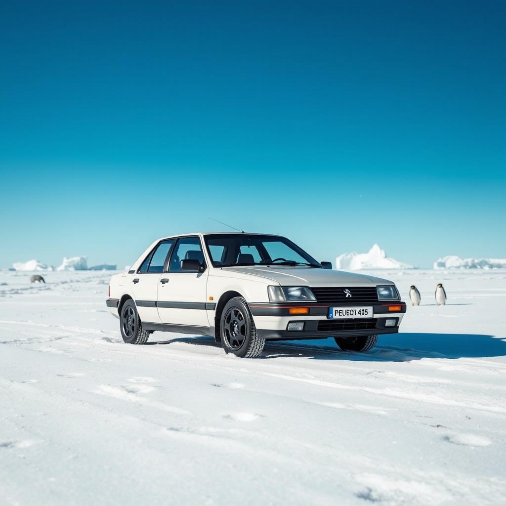 A Peugeot 405 low-floor car parked on a snowy landscape in the Arctic