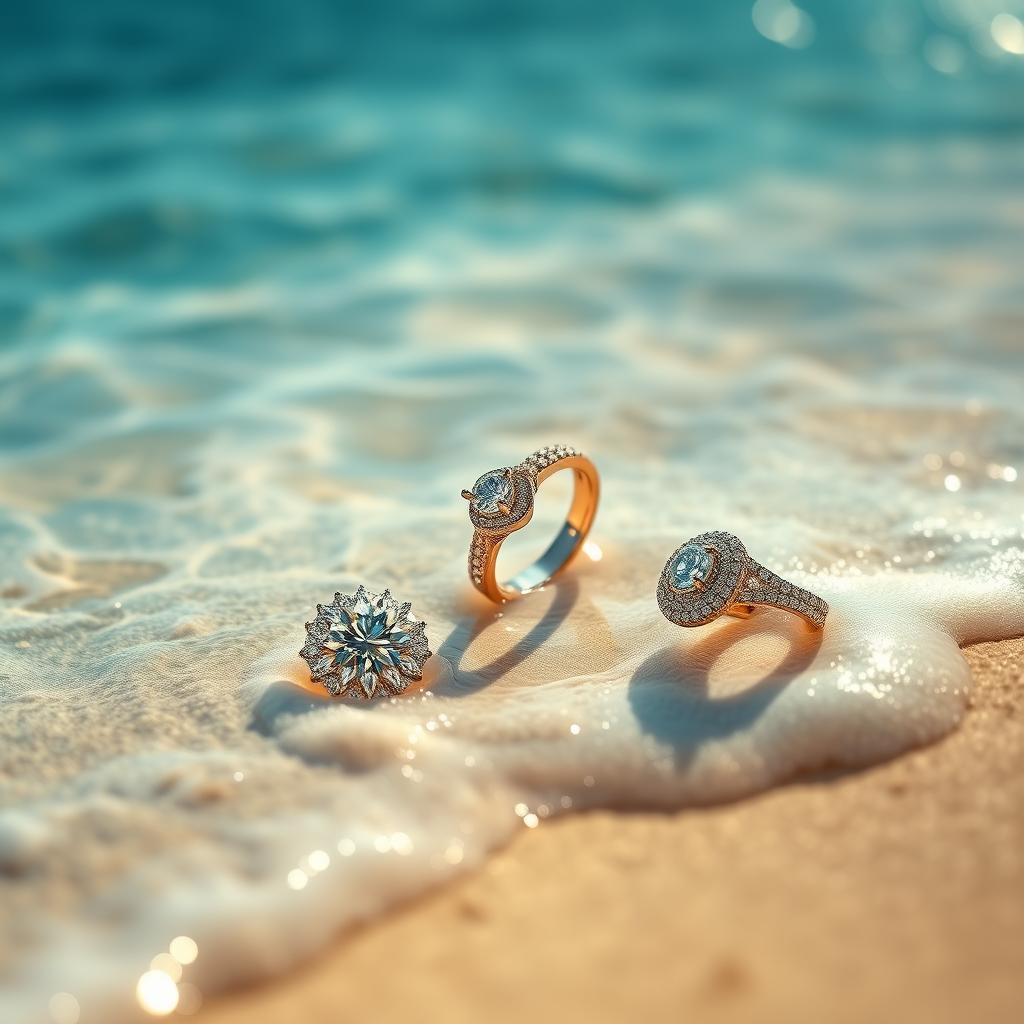 A stunning professional photograph showcasing exquisite jewelry displayed elegantly on a beautiful beach