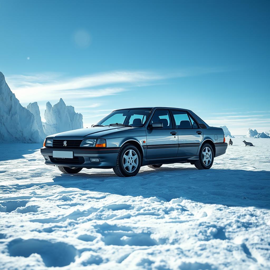 A Peugeot 405 low-floor car standing on the pristine white snow of the Arctic landscape