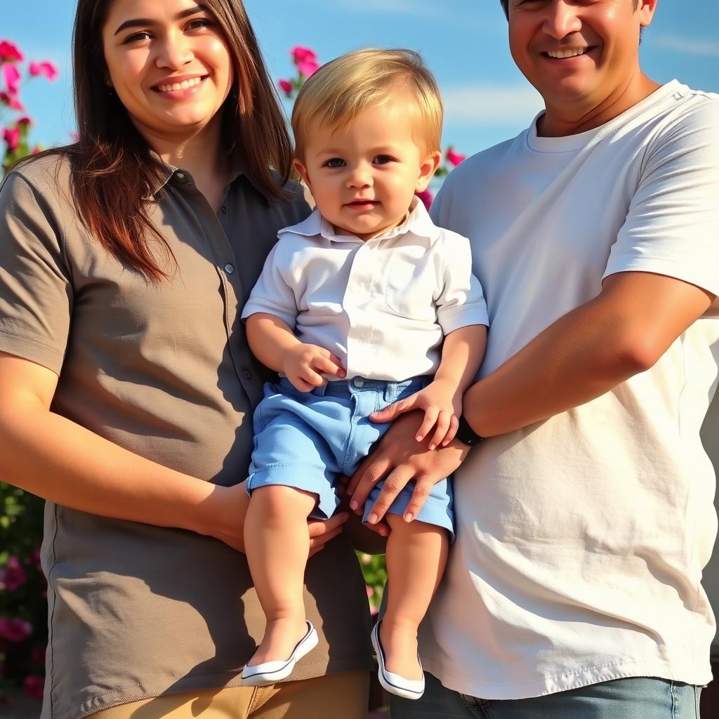 A child held tenderly between two adults, the adults dressed casually