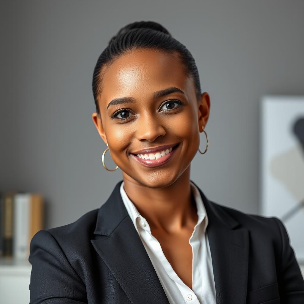 A professional headshot of a confident person in business attire, featuring a sharp suit, neat hairstyle, and subtle, polished accessories