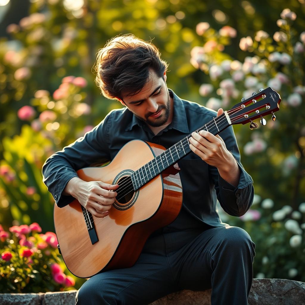 A skilled musician passionately playing a classical guitar, sitting in a beautiful outdoor setting filled with lush greenery and blooming flowers