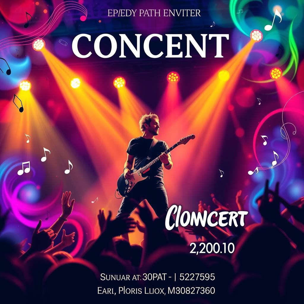 An eye-catching and vibrant concert invitation cover design featuring a dynamic guitarist performing on stage