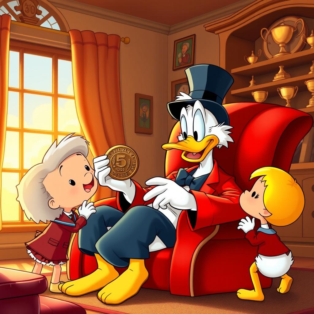 Scrooge McDuck sitting comfortably in a big red chair in his living room, passionately talking to his grandkids, showing them a dusty old medal