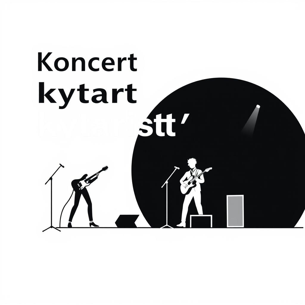 A minimalist black and white concert poster for a guitarists' concert featuring simple line drawings of guitars and musicians