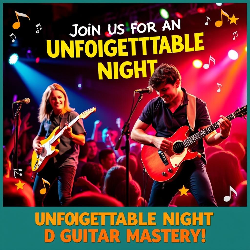 A vibrant concert invitation showcasing talented guitarists on stage