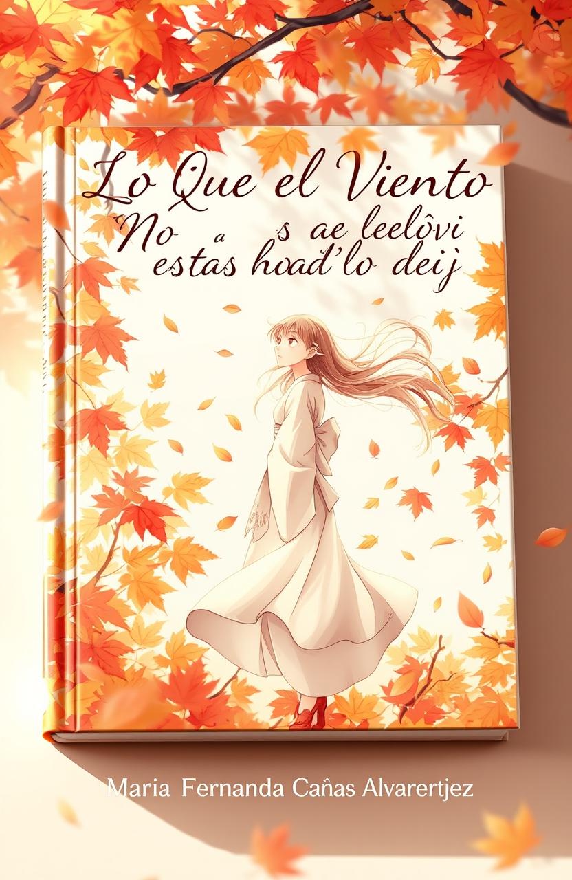 A captivating book cover for a poetry collection titled 'LO QUE EL VIENTO NO SE LLEVÓ EN ESTAS HOJAS LO DEJÓ' by María Fernanda Cañas Álvarez