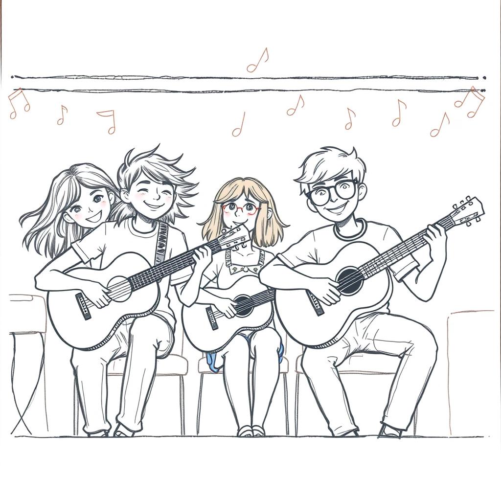 A simple pencil drawing representing a student guitar concert invitation without any text