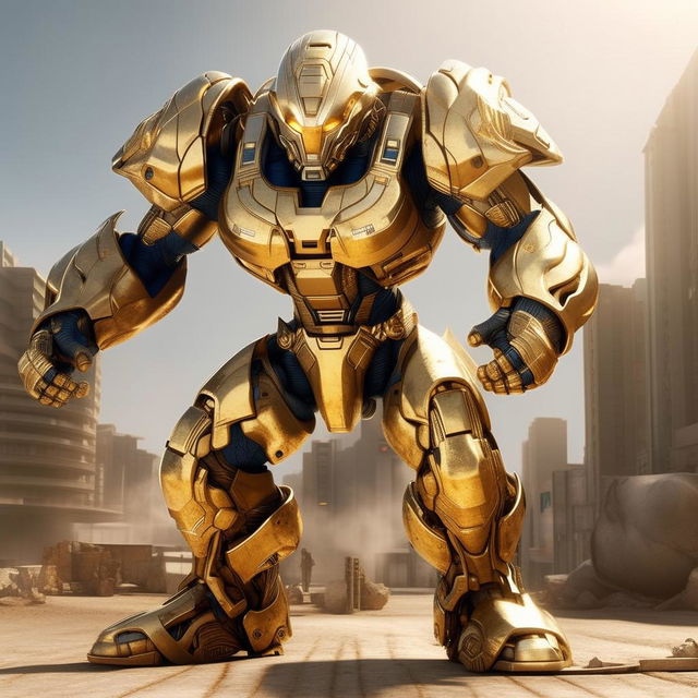 Ultra realistic Superman, sheathed in gold mecha armor, striking a powerful pose under a brilliant daylight