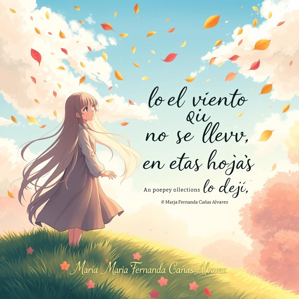An enchanting book cover for a poetry collection titled 'LO QUE EL VIENTO NO SE LLEVÓ, EN ESTAS HOJAS LO DEJÓ' by María Fernanda Cañas Álvarez