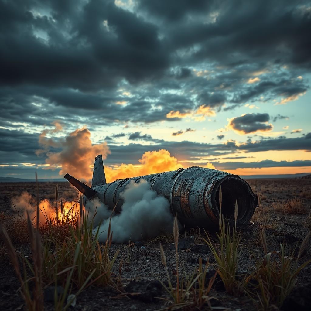 A dramatic scene depicting a downed rocket in a desolate landscape