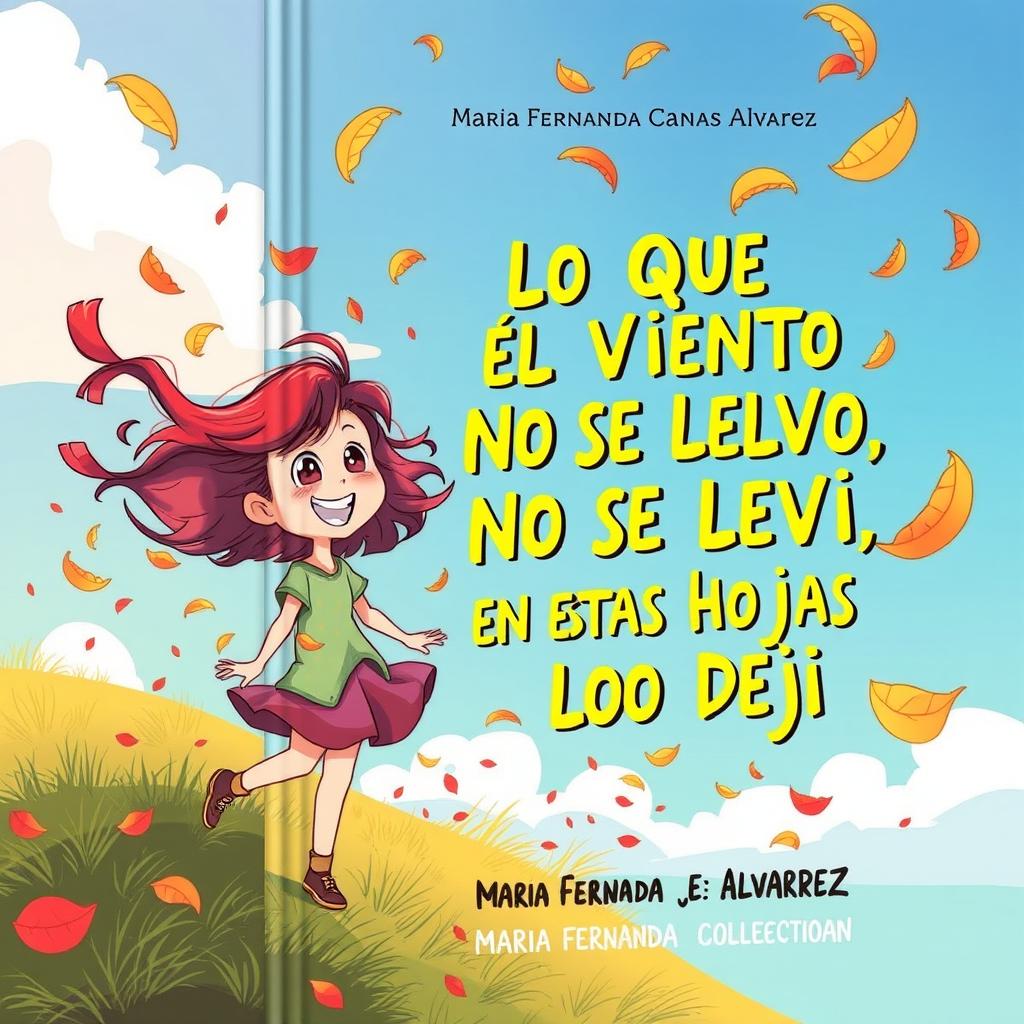 An imaginative book cover for a poetry collection titled 'LO QUE EL VIENTO NO SE LLEVÓ, EN ESTAS HOJAS LO DEJÓ' by María Fernanda Cañas Álvarez