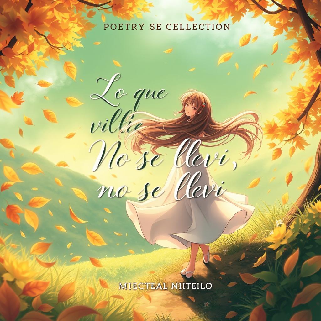 An imaginative book cover for the poetry collection titled 'LO QUE EL VIENTO NO SE LLEVÓ, EN ESTAS HOJAS LO DEJÓ'