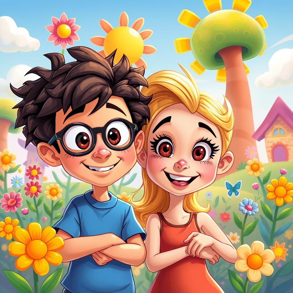 A vibrant cartoon-style transformation of a photo featuring a lively scene with exaggerated features and bright colors