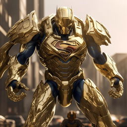 Ultra realistic Superman, sheathed in gold mecha armor, striking a powerful pose under a brilliant daylight