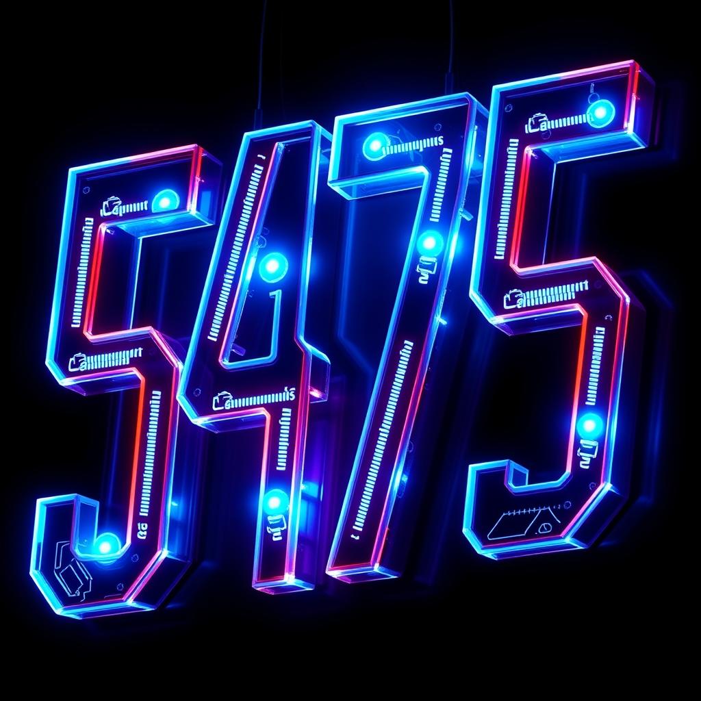 The number '5475' designed in a high-tech cyberpunk neon style, with each digit featuring a semi-transparent, glossy casing that resembles polished acrylic or glass