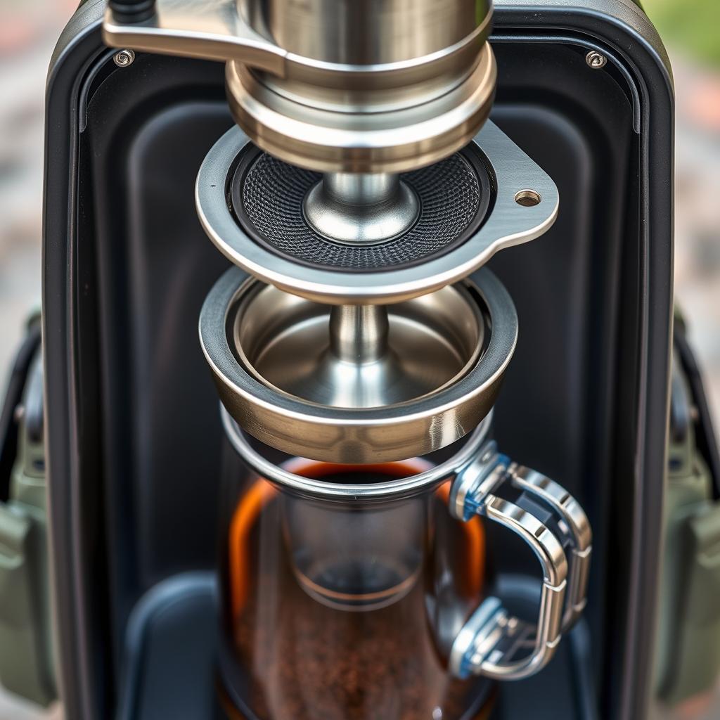 An interior view of a portable coffee brewing machine showcasing its components in detail