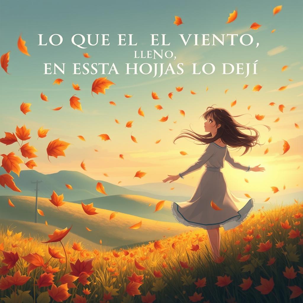 A captivating book cover image for a poetry collection that evokes the title 'LO QUE EL VIENTO NO SE LLEVÓ, EN ESTAS HOJAS LO DEJÓ', illustrated in an anime style