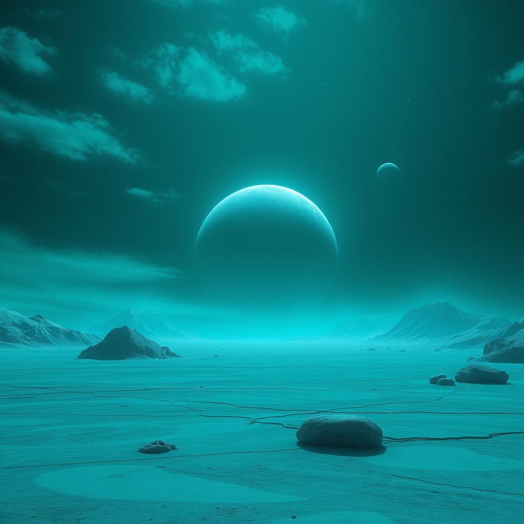 A stunning view of the cold and distant planet Calypto, featuring a turquoise glow emanating from its mineral-rich surface and light-scattering atmosphere