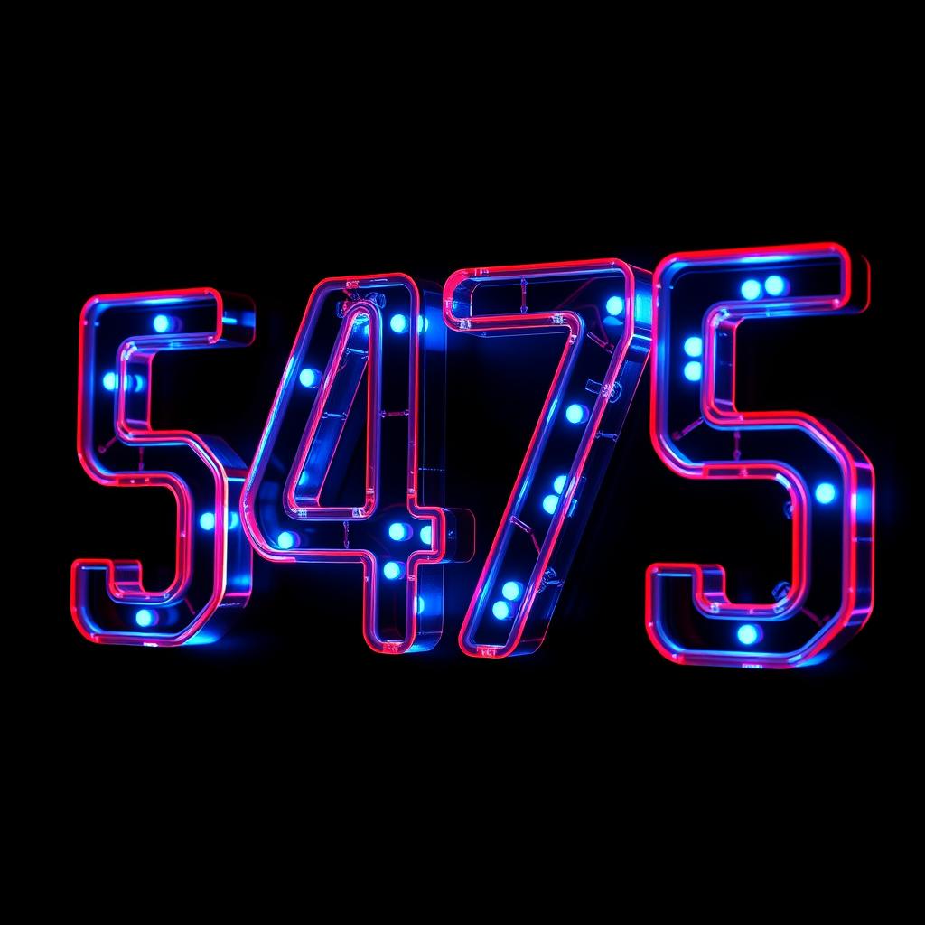 The number '5475' designed in a high-tech cyberpunk neon style, each digit featuring a semi-transparent, glossy casing reminiscent of polished acrylic or glass