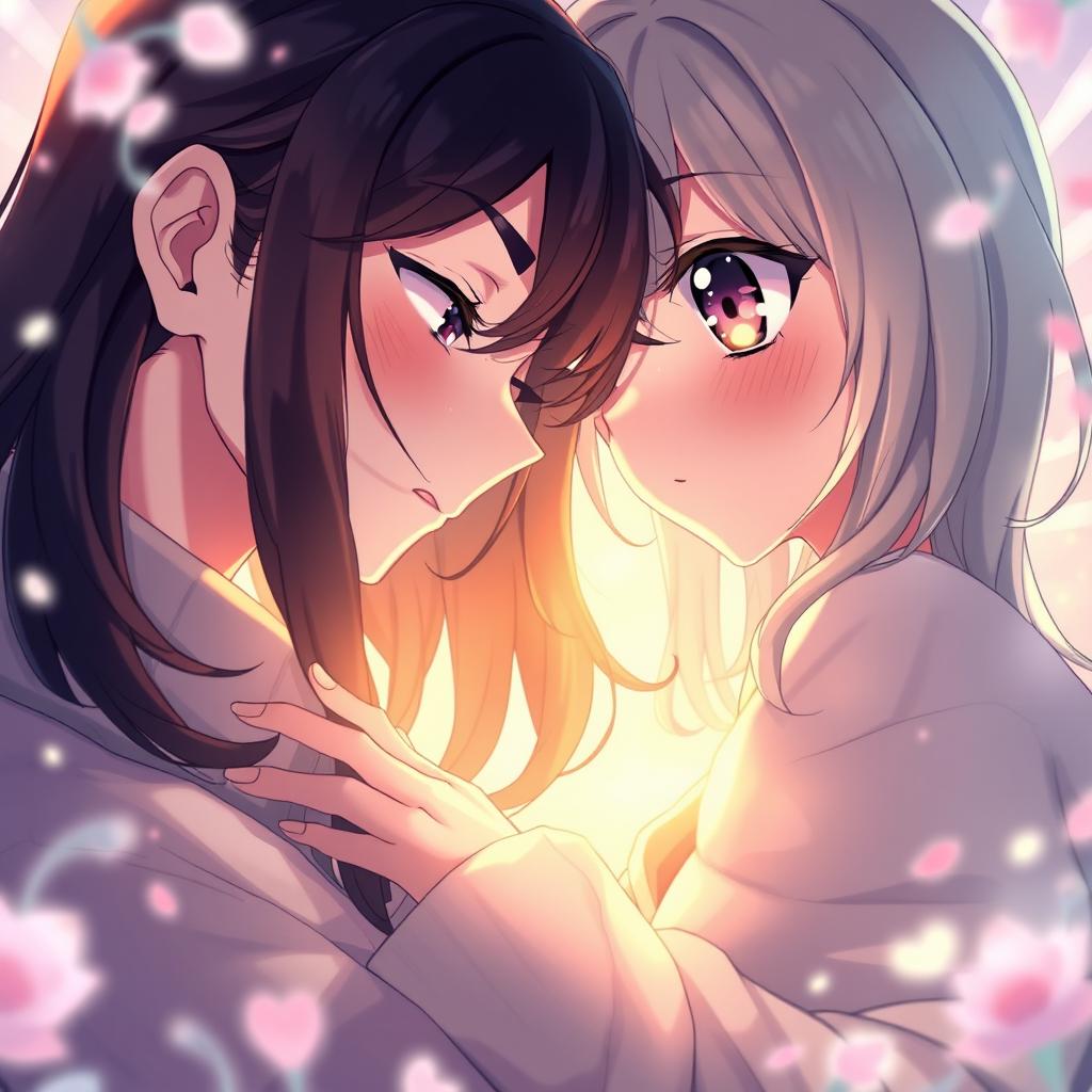 An intimate anime-style scene featuring elements from both photos merged together