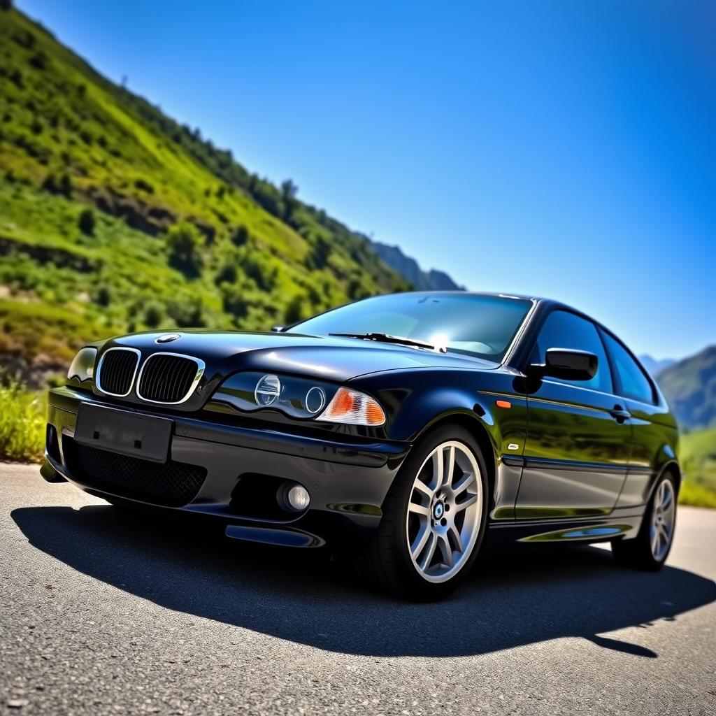 A sleek BMW E46 Compact 320, showcasing its elegant design with a glossy black exterior and sporty stance