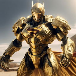 Ultra realistic Superman, sheathed in gold mecha armor, striking a powerful pose under a brilliant daylight